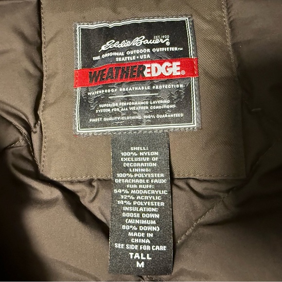 Eddie Bauer Parka Jacket Coat Weatheredge M Tall Brown Down Zip Hooded 650 Fill - Picture 9 of 14